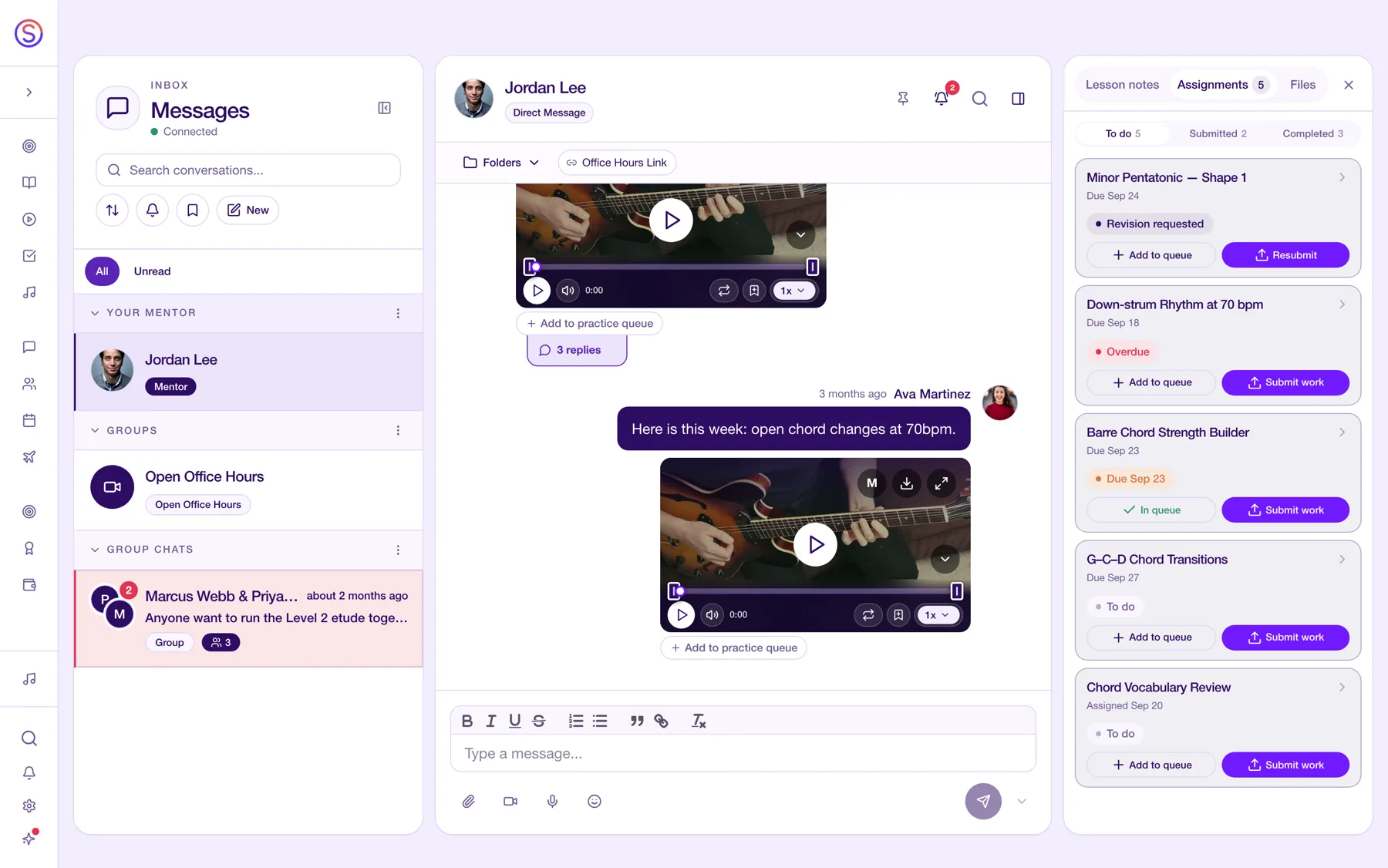A mentor thread in the Sonora app: the student's submitted video, the mentor's video reply, and the assignments rail showing revision requested