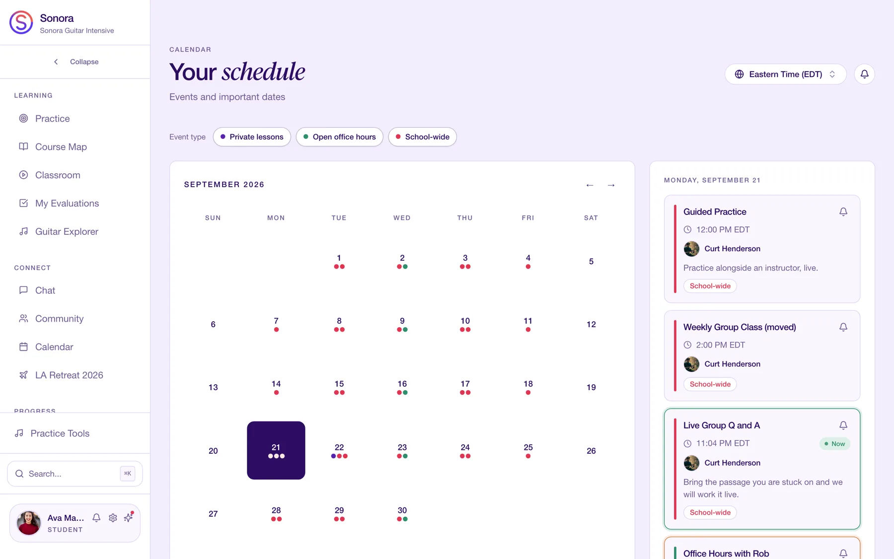 The Sonora calendar showing weekly group classes, a live group Q and A, and office hours